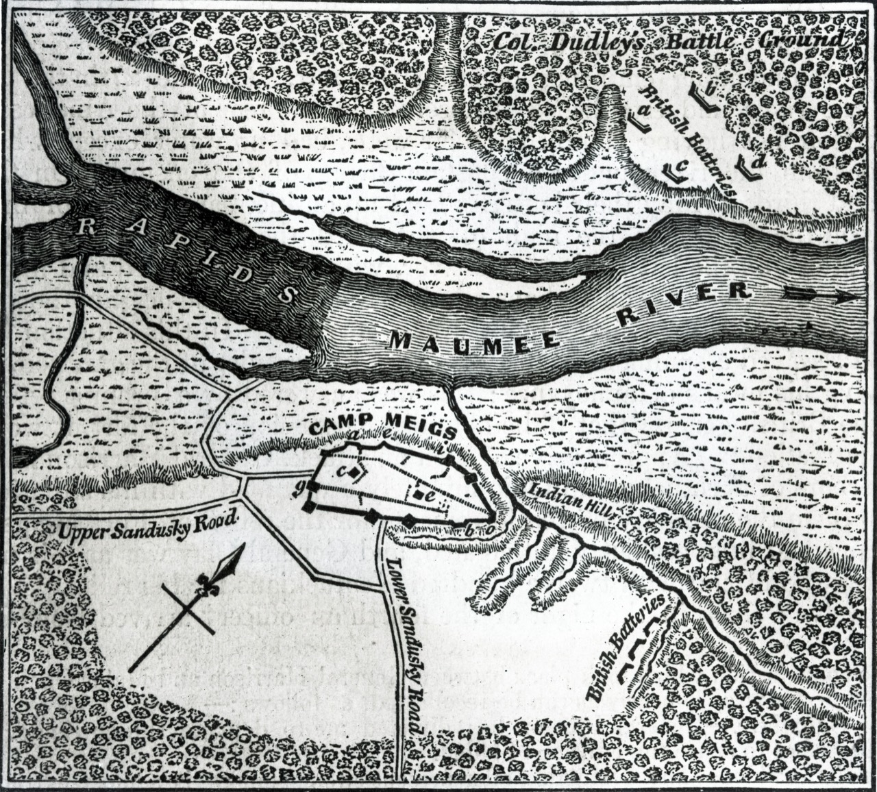 The rapids and the two forts on one sheet: Fort Meigs ("Camp Meigs") on the high south bank, the British batteries thrown up across the river, and, upstream at the top, "Col. Dudley's Battle Ground"